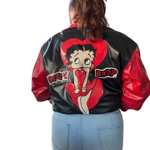 Betty Boop by Excelled Vintage 2004 Faux Leather Bomber Jacket Black Red XL